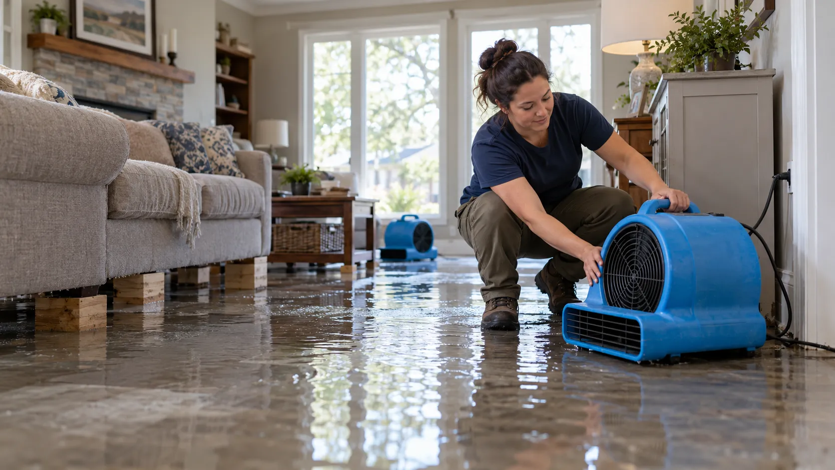 Water damage restoration technician drying a flooded living room in Miami